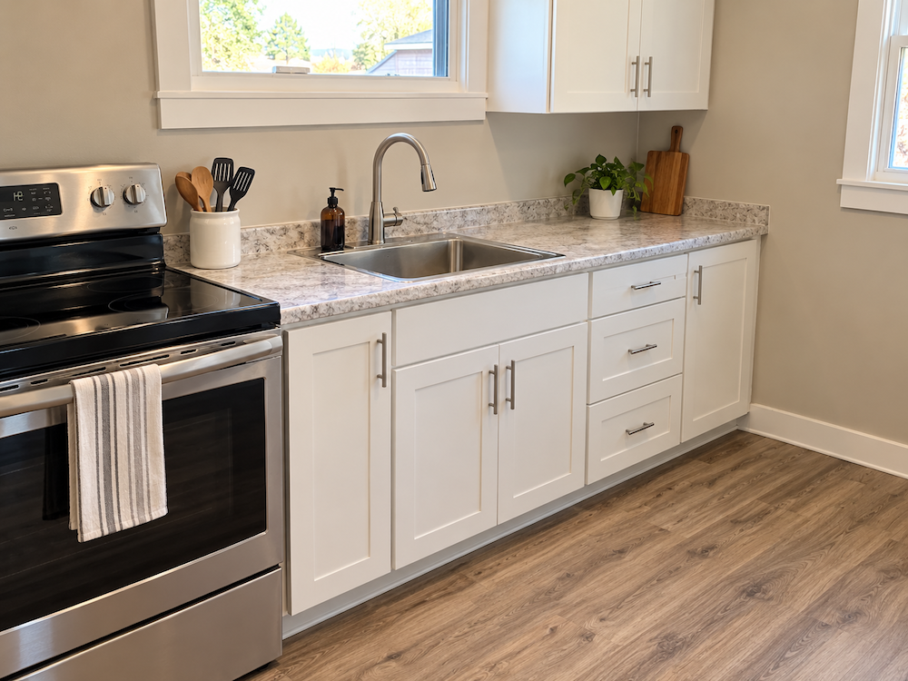 Finished kitchen interior with new cabinetry and trim